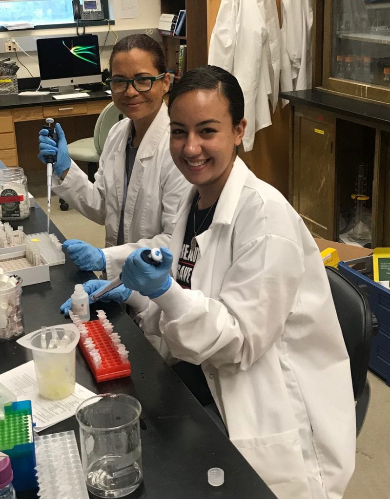 Lab members Susana and Maria working at the bench. They are wearing lab coats and pipetting DNA samples.
